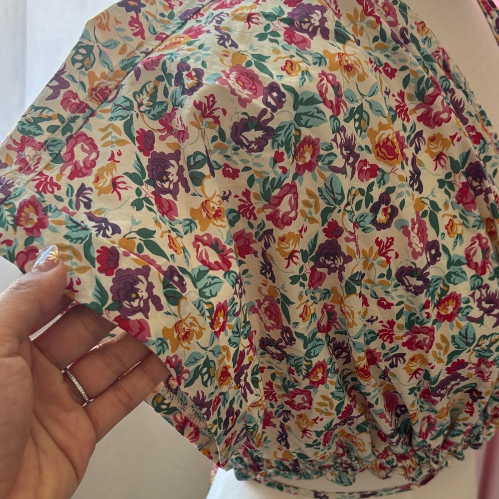 Cider Floral V-Neck Cropped Blouse - White Base with Pink, Green & Purple Print - Picture 2 of 5